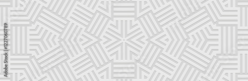 Banner, ethnic abstract cover design. Geometric 3D pattern, white background, embossing, vintage. Embossed ornaments, arabesques of the East, Asia, India, Mexico, Aztec, Peru.
