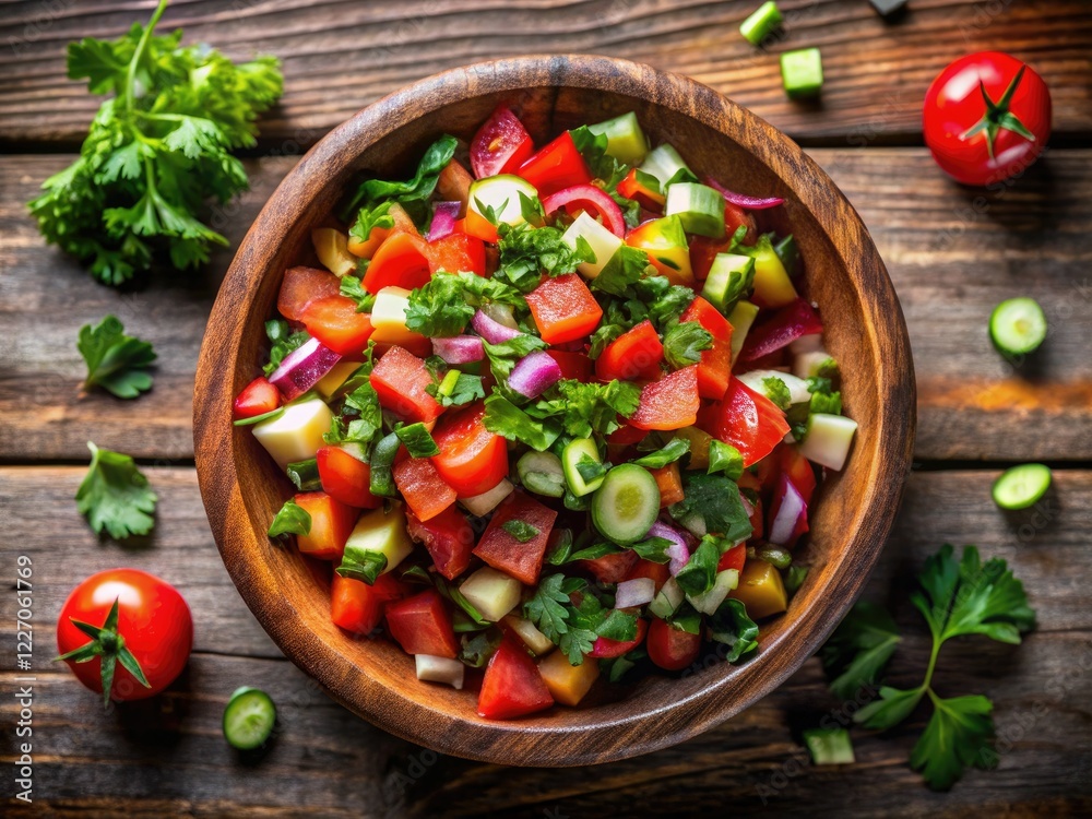 Rustic wooden bowl overflows with vibrant Macro Coban Salatasi, a Turkish shepherd's salad, viewed from above. Rustic wooden bowl overflows with vibrant Macro Coban Salatasi, a Turkish shepherd's salad, viewed from above.