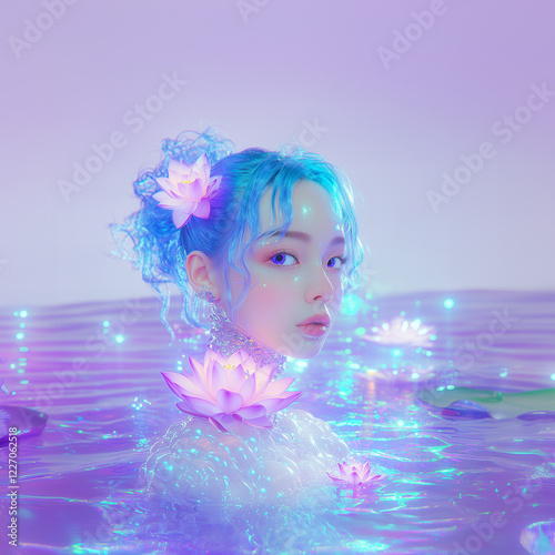 
A cyber-futuristic young girl in a pastel purple plastic outfit, surrounded by lotus flowers in the water, glowing with soft neon light.
