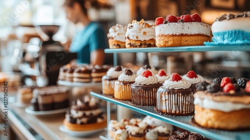 Assortment of freshly baked desserts displayed in a pastry shop during the morning