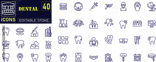 A collection of dental outline icons featuring dentist, dental care, oral disease, teeth whitening, extraction, broken tooth, root canal, fillings, and wisdom teeth. Vector icon set.