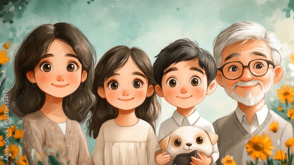 Whimsical Illustration of a Loving Multi-Generational Family with a Pet Puppy Radiating Joy and Togetherness Amidst Blooming Flowers Whimsical Illustration of a Loving Multi-Generational Family with a Pet Puppy Radiating Joy and Togetherness Amidst Blooming Flowers