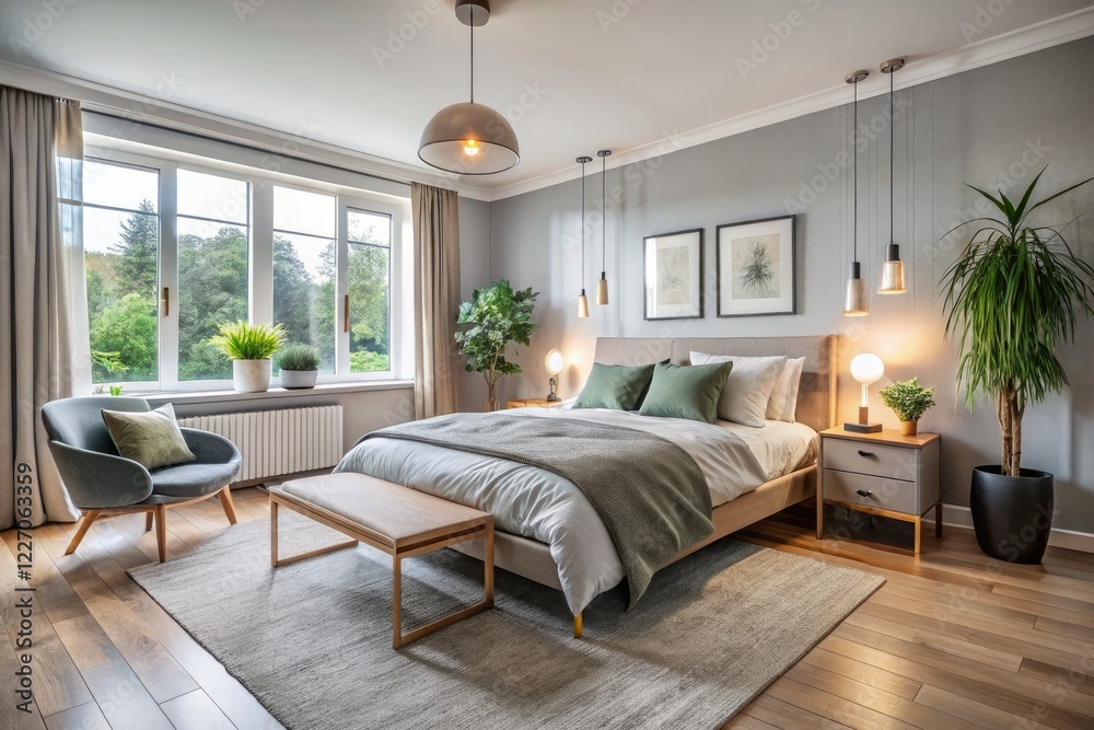 Fototapeta premium Serene Scandinavian bedroom: minimalist luxury captured candidly.