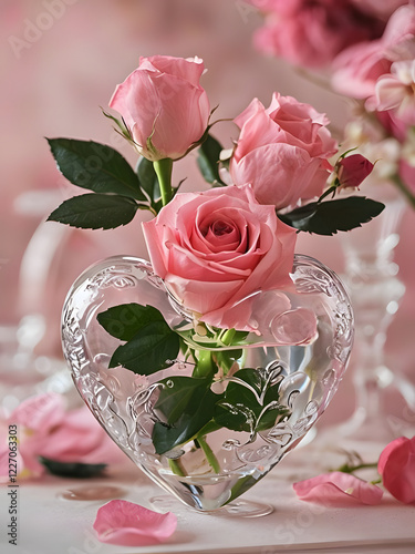 bouquet of roses in vase Heart-Shaped Vase With Pink Roses And Green Leaves