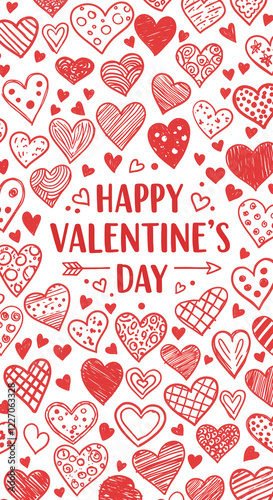 Hearts pattern for Valentine's Day celebration with love heart sketches in red and white