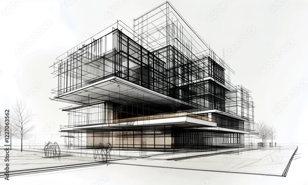Modern Architectural Design Sketch Black And White Building Model