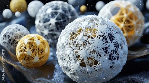Abstract white, gold spheres, winter scene, festive background, holiday design