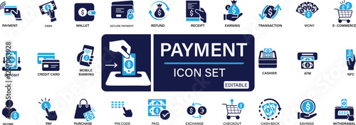 Payment icon set finance payment collection with money, banking, credit card, exchange You can easily change the color