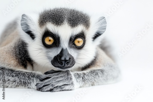 Adorable ring-tailed lemur rests its chin on its paws.