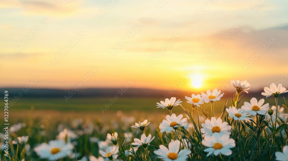 Fototapeta premium Spring Equinox day concept. Vibrant Blooming Daisies Basking in Warm Golden Sunset over Serene Meadow Landscape