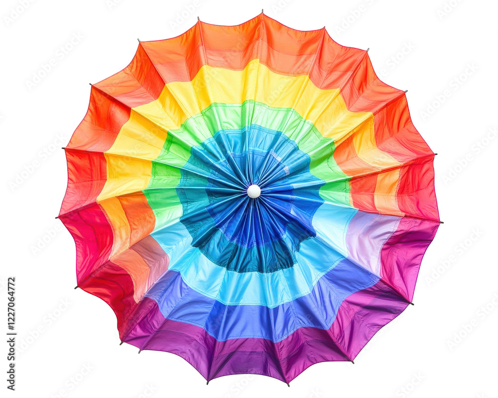 Obraz premium vibrant rainbow umbrella fully opened, showcasing spectrum of colors that evoke joy and warmth. Perfect for brightening up any rainy day or outdoor event