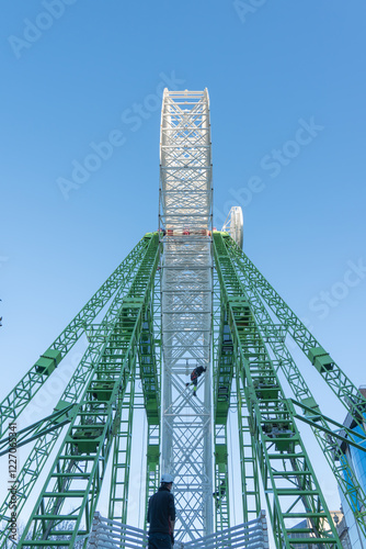 workers dismantling a ferris wheel after Christmas in Vigo