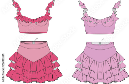 Fashion Flat Sketches Ruffled Crop Top Mini Skirt Set