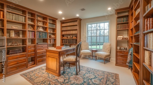 Home office library, wooden bookshelves, study, garden view, real estate