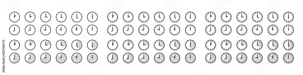 Vector Time and Clock icons set.Clocks icon collection design. Horizontal set of analog clock icon symbol Vector Time and Clock icons set.Clocks icon collection design. Horizontal set of analog clock icon symbol
