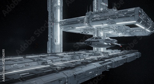 Fototapeta Naklejka Na Ścianę i Meble -  Spaceship Docking at Futuristic Space Station in Dark Space