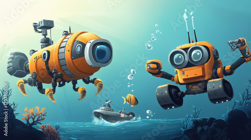 Underwater robot and ROV cartoon characters. Vector robot bathyscaphe and submarine, autonomous and unmanned underwater vehicles with manipulator arms and propellers, sea exploration manipulators