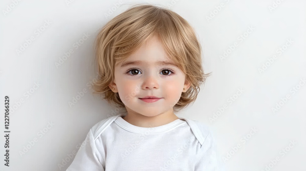 Toddler portrait, white background, happy expression, studio shot, child care Toddler portrait, white background, happy expression, studio shot, child care