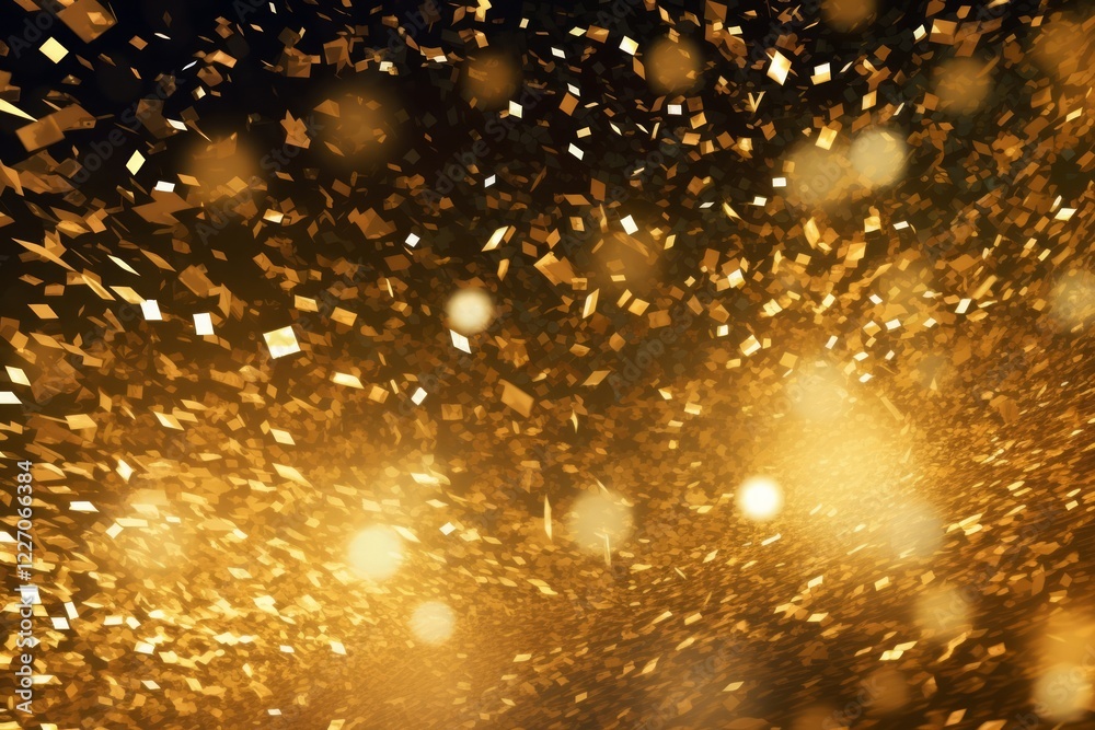 Naklejka premium Gold glitter texture on dark background. Golden explosion of confetti. Golden grainy abstract texture on dark background. Design element. 