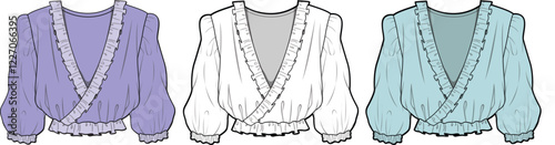 Elegant Women's Blouse Fashion Flat Sketches:  Three Color Options, Puff Sleeves, V-Neck, Ruffled Detail