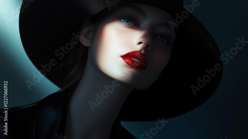Dramatisches Porträt einer Person mit schwarzem Hut und roten Lippen im Film-Noir-Stil. Dunkle Schatten, blaues Gegenlicht. Geheimnisvolle Vintage-Glamour Ästhetik