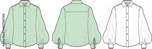 Women's Fashion Blouse Technical Flat Sketches Puff Sleeves Shirt Design