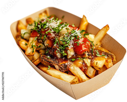 Delicious Canadian poutine dish featuring crispy fries topped with gravy, cheese curds, and fresh vegetables, served in takeout container photo