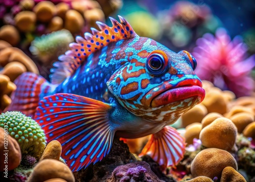 Vibrant blue scorpionfish, a breathtaking underwater coral reef portrait. photo