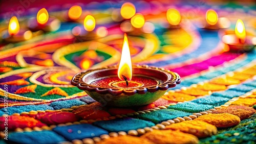 Vibrant Diwali Rangoli, glowing Diya, illuminate the joyous Hindu Festival of Lights. photo