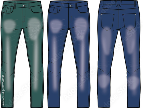 Men's Jeans Fashion Design Flat Sketches Green Blue Denim Pants