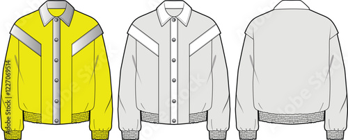 Fashion Flat Sketches Women's Jacket Design with Yellow and Grey Color Options
