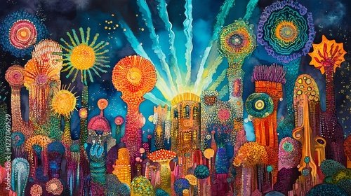 Vibrant psychedelic artwork depicting a fantastical cityscape with glowing flora and celestial elements.  Intricate details and rich colors create a surreal dreamscape.