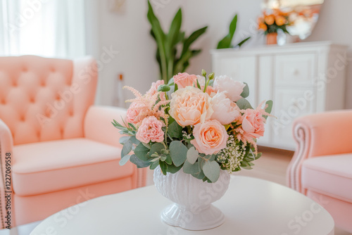 Luxurious pink armchair with a fresh floral bouquet in a bright and elegant living room interior