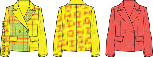 Women's Fashion Blazer Jackets Technical Flats Plaid Double Breasted