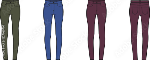 Women's Skinny Jeans Technical Flat Sketches Design Templates