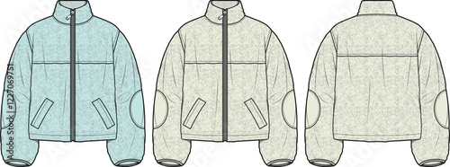 Women's Stylish Floral Print Fleece Jacket Flat Sketch