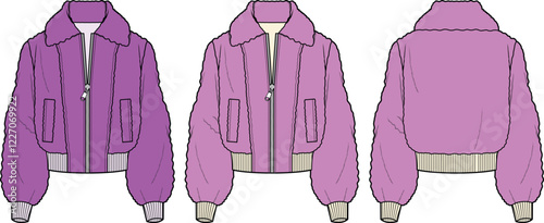 Women's Purple Fuzzy Bomber Jacket Fashion Flat Sketch