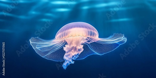 Glowing Jellyfish Underwater Background. Luminous Jellyfish Drifts in Deep Blue Ocean with Sunbeams Filtering Through Water. Translucent Tentacles Create a Mystical Marine Atmosphere. AI generated