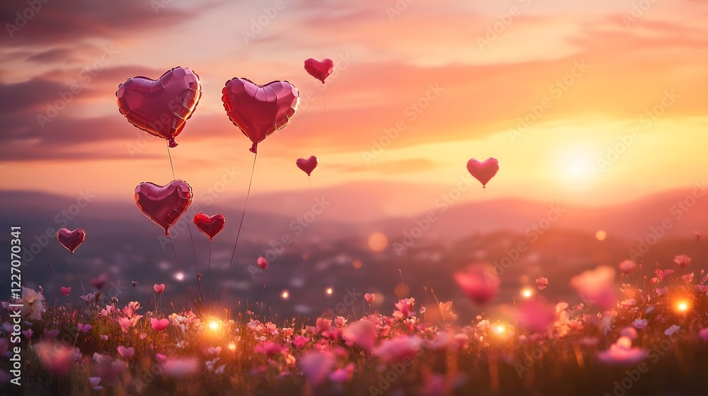 Fototapeta premium Floating hearts at sunset, romantic scene with colorful sky and soft clouds, perfect for love-themed projects and celebrations.