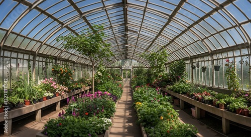 Stunning Greenhouse Interior with Blooming Flowers and Glass Roof
