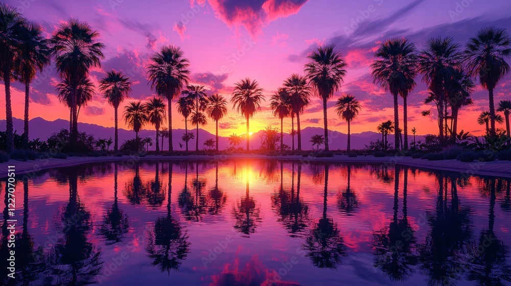 Obraz premium Tranquil Sunset Reflection Palm Trees and Vibrant Sky