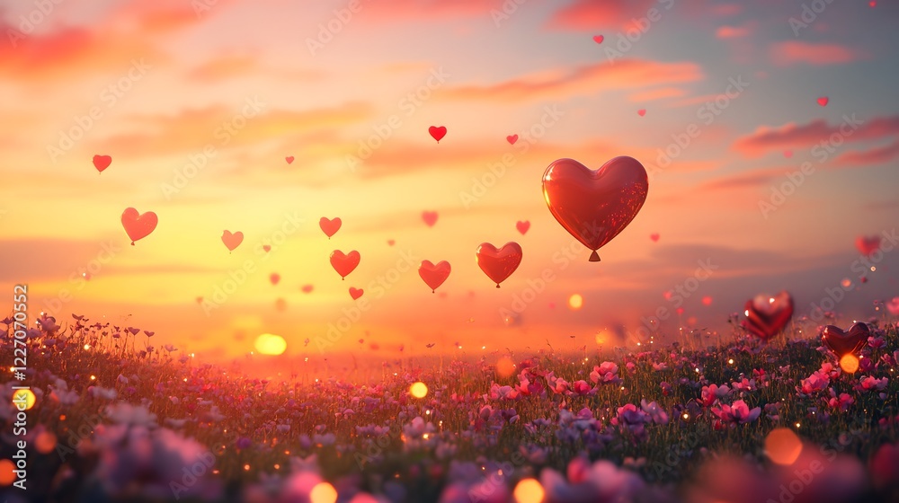 Fototapeta premium Colorful sunset with heart balloons, romantic atmosphere, dreamy sky filled with clouds, perfect for love-themed projects.