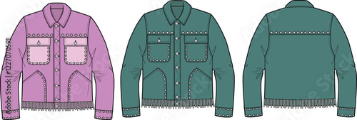 Fashion Denim Jacket Design Templates with Studs and Fringe