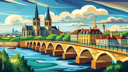 Bordeaux river bridge with St Michel cathedral