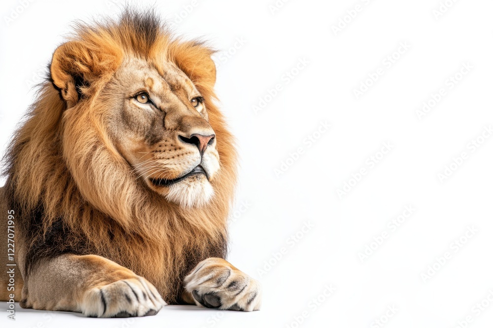Obraz premium Majestic male lion rests, gazing upward.