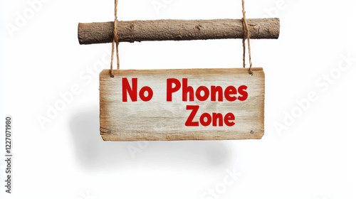 National Day of Unplugging. No phones zone sign hanging on wooden gate, promoting peace photo