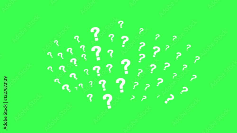 Many white vector question marks scaling on a green screen background, chroma key Many white vector question marks scaling on a green screen background, chroma key