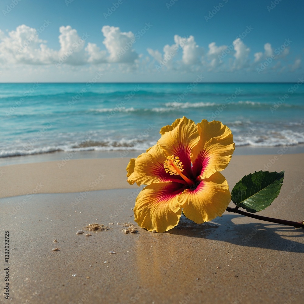 A golden hibiscus blooming on a tropical beach with a turquoise ocean. A golden hibiscus blooming on a tropical beach with a turquoise ocean.
