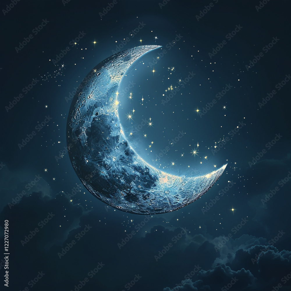 Fototapeta premium A Crescent Moon Shines Bright Against a Starry Night Sky
