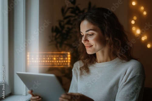 Woman engaged with a tablet in a cozy, softly lit indoor environment during evening hours photo